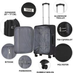 TravelZ Softspinner TSA Kofferset - 3-delige Zachte Trolleyset - Dubbele Wielen En Voorvakken Zwart -Bagageopslag 1200x1193 2