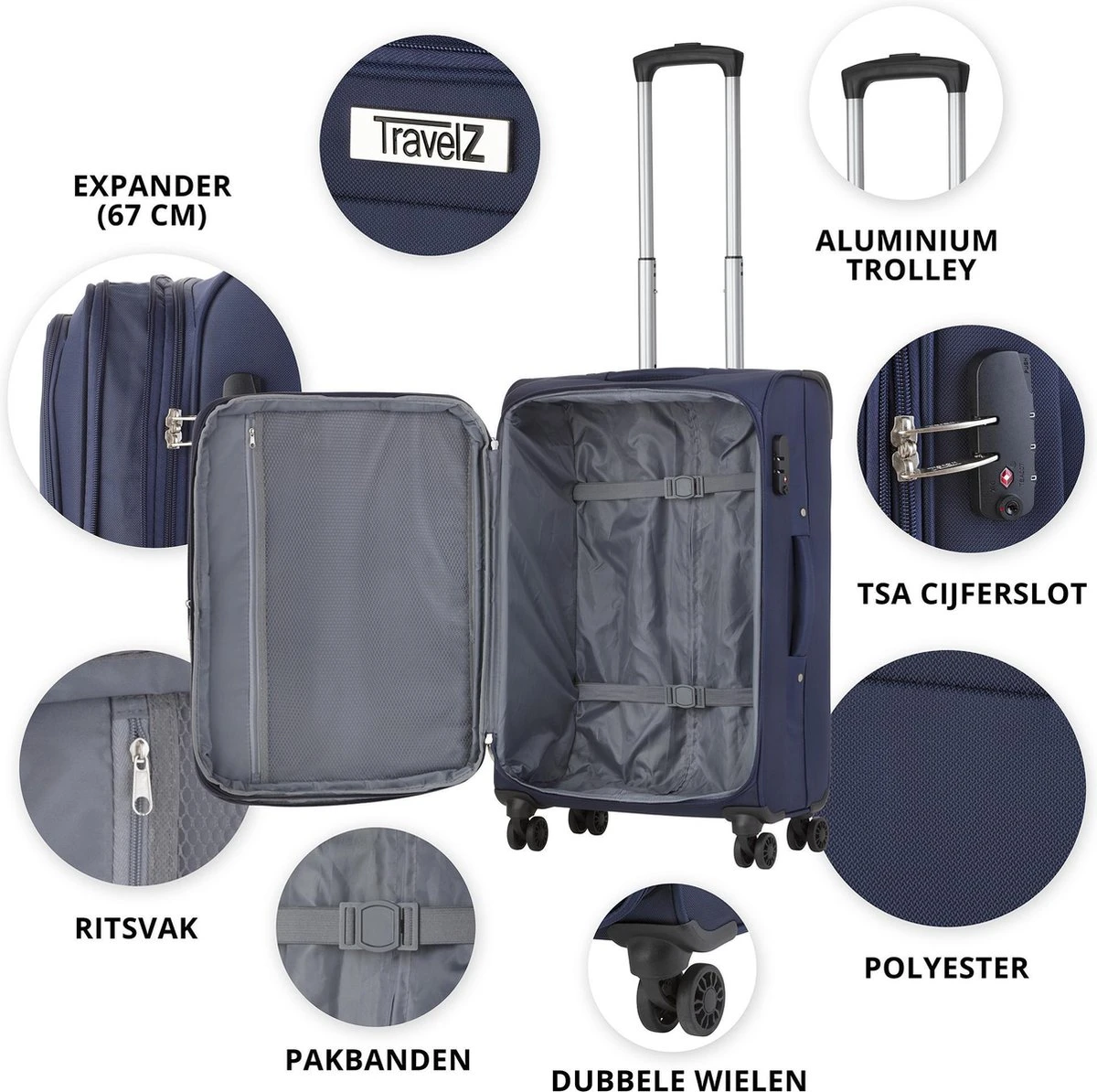 Travelz Softspinner TSA Reiskoffer 67cm - Zachte Reiskoffer Met Expander - Blauw 4 Travelz Softspinner TSA Reiskoffer 67cm - Zachte Reiskoffer Met Expander - Blauw - Afbeelding 4