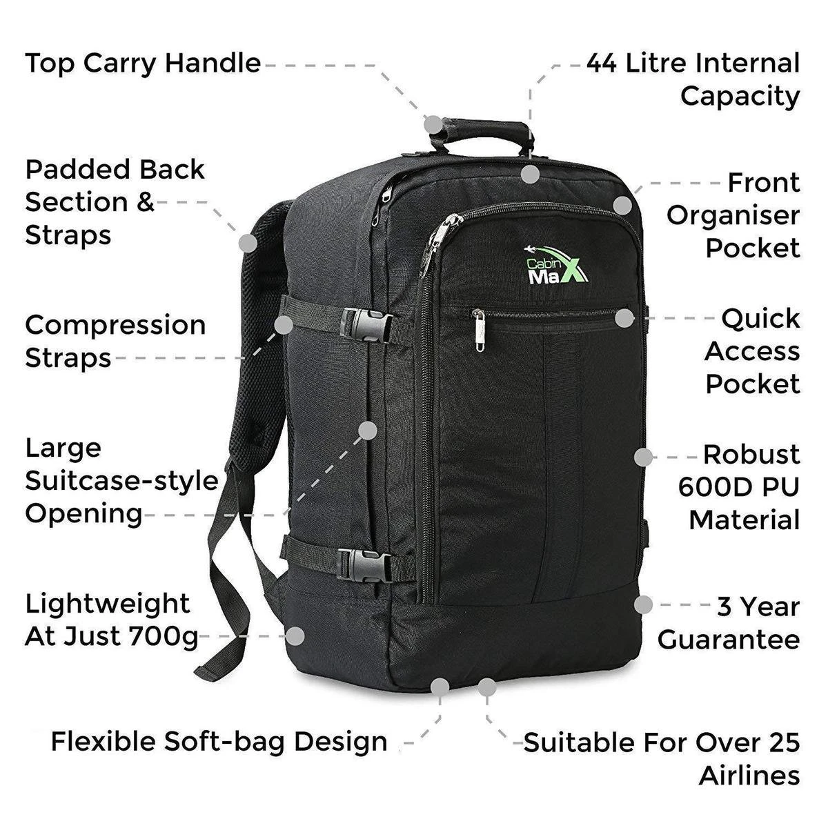 CabinMax Metz Reistas– Handbagage 44L- Rugzak – Schooltas - Backpack 55x40x20cm – Lichtgewicht - Zwart Nocturna (MZ SP-NA) 4 CabinMax Metz Reistas– Handbagage 44L- Rugzak – Schooltas - Backpack 55x40x20cm – Lichtgewicht - Zwart Nocturna (MZ SP-NA) - Afbeelding 4