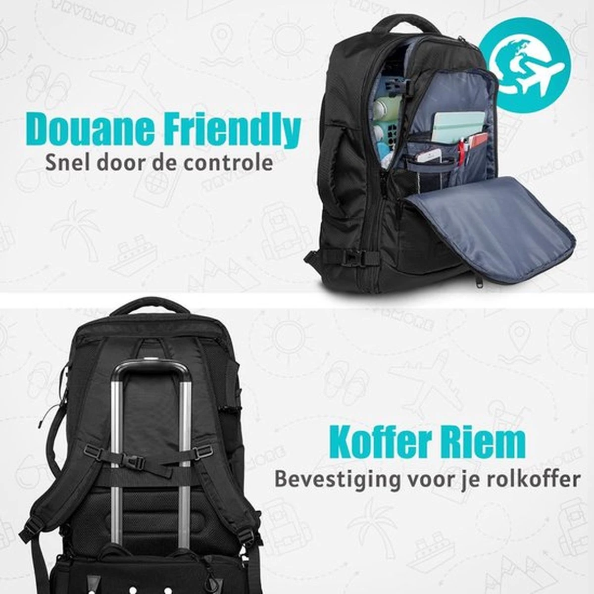 TRVLMORE Reistas - Rugzak - Handbagage Weekendtas - Backpack - Waterafstotend - 40L - Zwart 3 TRVLMORE Reistas - Rugzak - Handbagage Weekendtas - Backpack - Waterafstotend - 40L - Zwart - Afbeelding 3