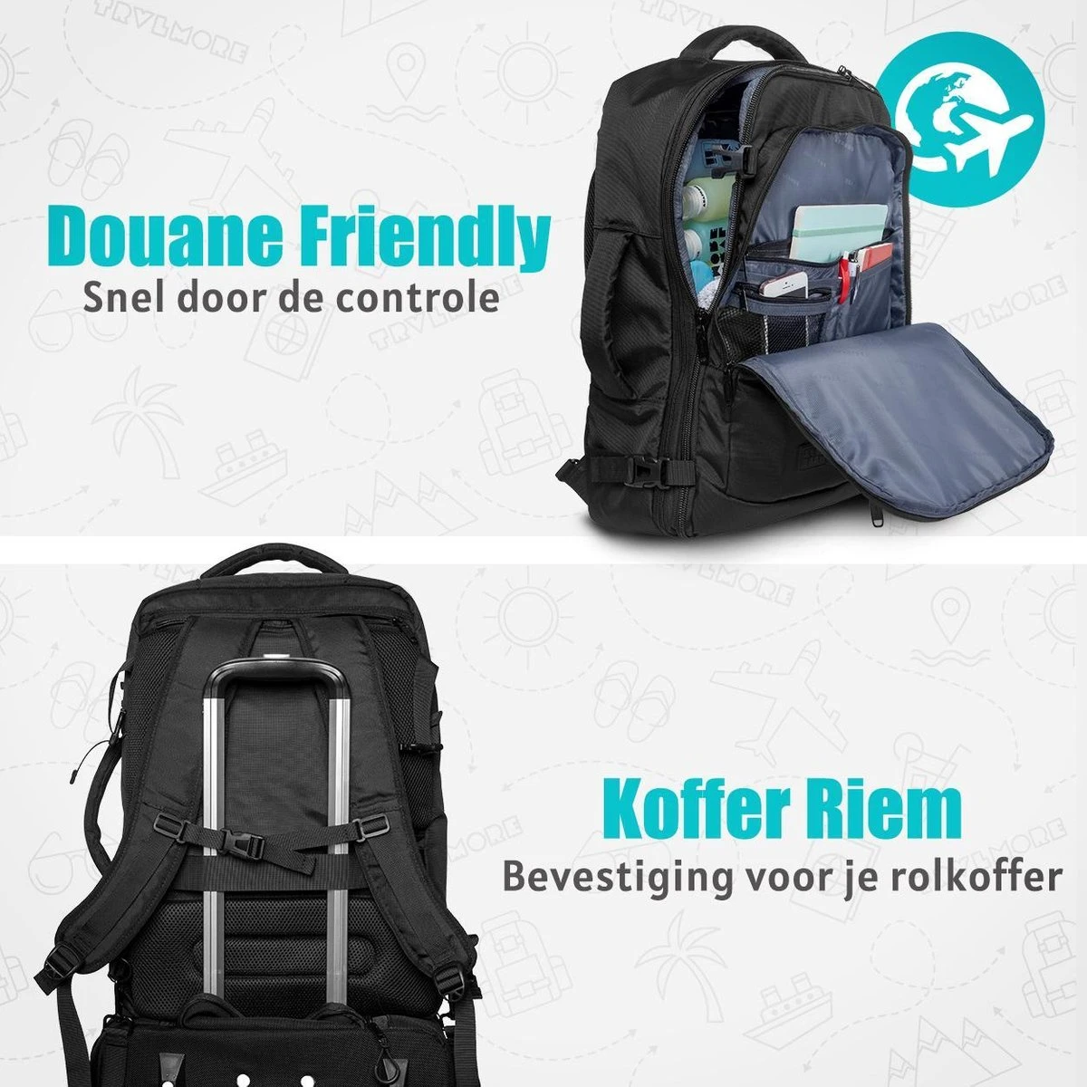 TRVLMORE Reistas - Rugzak - Handbagage Weekendtas - Backpack - Waterafstotend - 40L - Zwart 5 TRVLMORE Reistas - Rugzak - Handbagage Weekendtas - Backpack - Waterafstotend - 40L - Zwart - Afbeelding 5