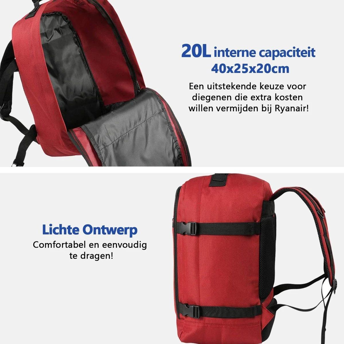 CabinMax Metz Reistas – Handbagage 20L – Rugzak – Schooltas - 40x25x20 Cm – Compact Backpack – Lichtgewicht – Oxide Rood 2 CabinMax Metz Reistas – Handbagage 20L – Rugzak – Schooltas - 40x25x20 Cm – Compact Backpack – Lichtgewicht – Oxide Rood - Afbeelding 2