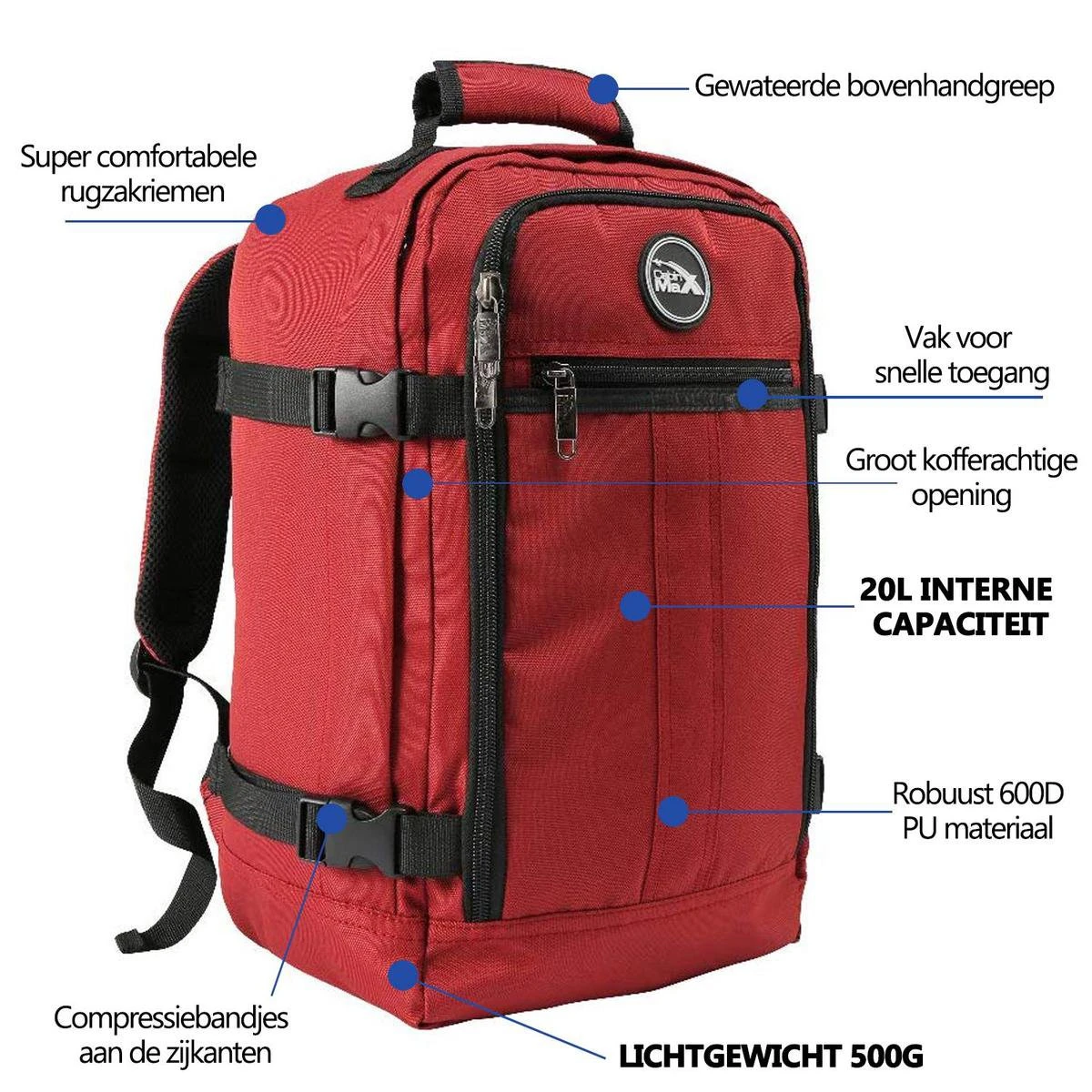 CabinMax Metz Reistas – Handbagage 20L – Rugzak – Schooltas - 40x25x20 Cm – Compact Backpack – Lichtgewicht – Oxide Rood 14 CabinMax Metz Reistas – Handbagage 20L – Rugzak – Schooltas - 40x25x20 Cm – Compact Backpack – Lichtgewicht – Oxide Rood - Afbeelding 14