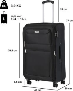 TravelZ Softspinner TSA Kofferset - 3-delige Zachte Trolleyset - Dubbele Wielen En Voorvakken Zwart -Bagageopslag 965x1200